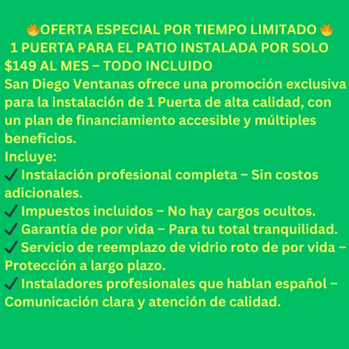 alt="1 puerta de entrada instalada en San Diego por solo $149 al mes con instalación profesional y garantía – www.sandiegoventanas.com"