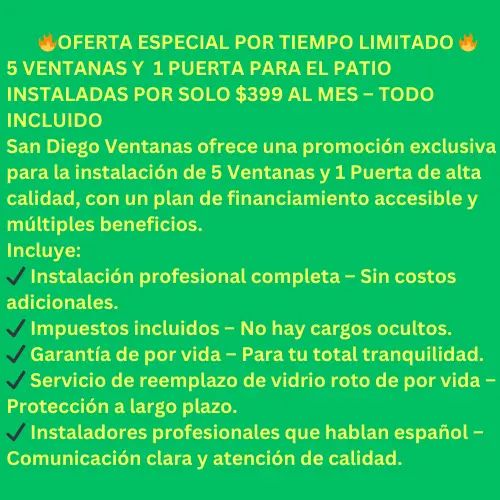 "Instalación de 5 ventanas y 1 puerta de patio en San Diego por solo $399 al mes con garantía de por vida – www.sandiegoventanas.com"